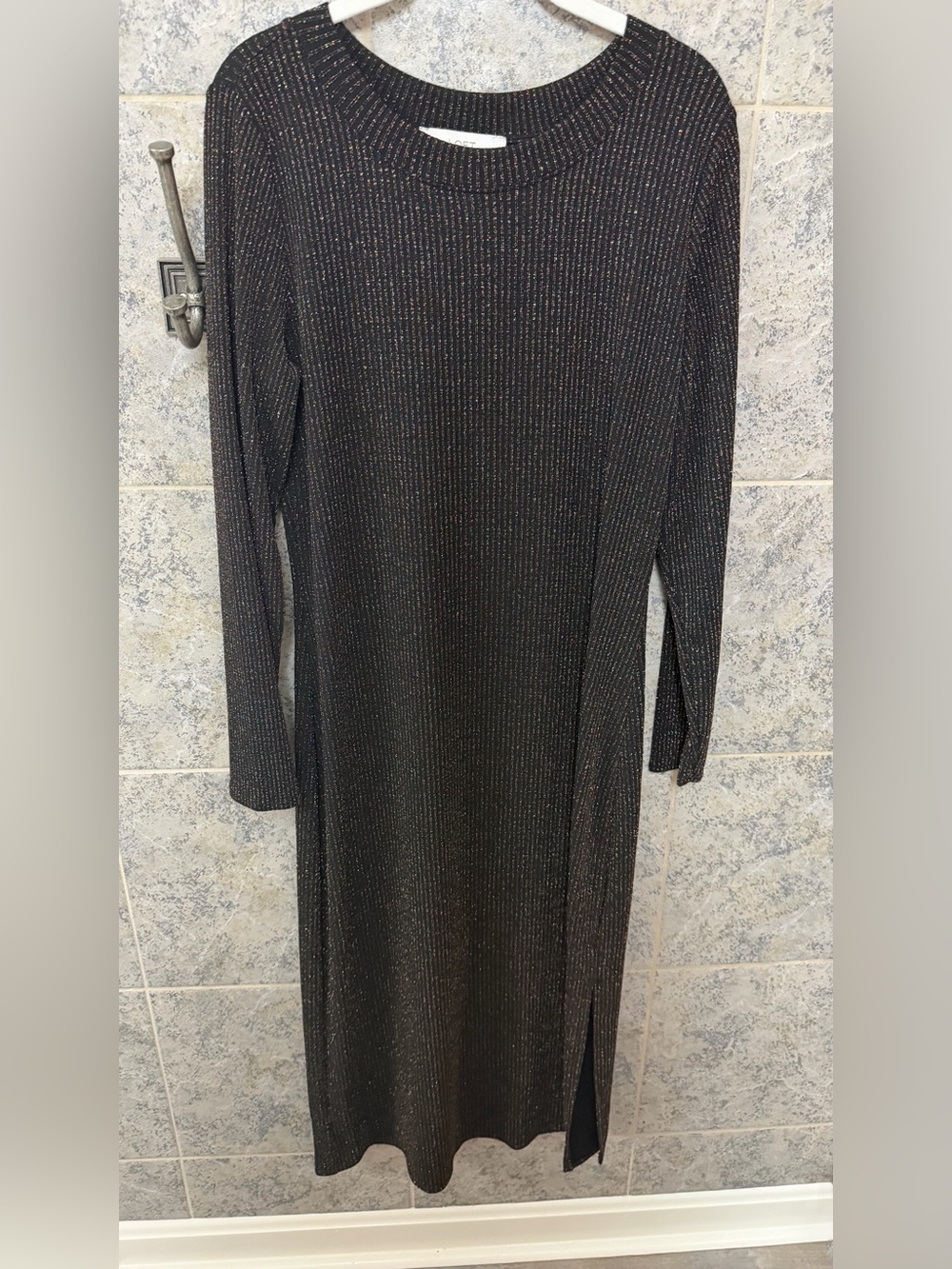 LOFT Black Metallic Ribbed Long-Sleeve Midi Dress